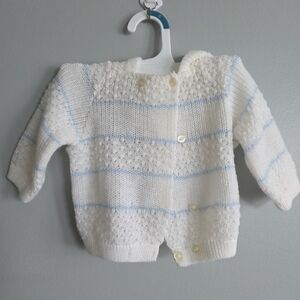 Baby Vintage VTG Cozy White Blue Kids Sweater Cardigan 6 Months